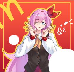  1girl :p ;p bag_over_head black_vest blue_eyes breasts commentary elf elysia_(honkai_impact) food french_fries highres holding holding_food honkai_(series) honkai_impact_3rd large_breasts long_hair looking_at_viewer mcdonald's neckerchief one_eye_closed pink_hair pointy_ears red_background red_skirt shirt skirt solo tlnoel tongue tongue_out very_long_hair vest white_shirt yellow_neckerchief 