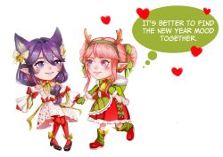  2girls animal_ear_fluff animal_ears ankle_bow antlers apron bare_shoulders bell black_shoes blunt_bangs blush_stickers bow bowtie brooch brown_horns cat_ears center_frills chibi choker christmas cloak commentary cross-laced_clothes cross-laced_dress detached_sleeves double_bun dress dress_bow ear_bow earrings elf english_commentary english_text eye_contact eyelashes fake_horns frilled_apron frilled_dress frills fur-trimmed_cloak fur-trimmed_gloves fur-trimmed_hood fur-trimmed_sleeves fur_trim gloves green_apron green_bow green_bowtie green_cloak green_hairband green_leg_warmers green_mittens hair_bell hair_between_eyes hair_bow hair_bun hair_ornament hair_over_shoulder hairband hand_on_own_chest happy heart high_heels holding_hands hood hood_down hooded_cloak horn_hairband horns infinity_nikki jewelry knees leg_warmers lipstick long_hair long_sleeves looking_at_another low_ponytail makeup medium_dress mistletoe mistletoe_earrings mittens multiple_girls neck_bell nikki_(nikki) nikki_(series) pantyhose parted_lips pink_hair pink_lips plaid_apron plaid_clothes pleated_dress pleated_sleeves pointy_ears polka_dot polka_dot_dress ponytail print_cloak pumps purple_hair red_choker red_dress red_mittens red_pantyhose red_shoes reindeer_antlers ronya_sanzoku shoes short_hair_with_long_locks sidelocks simple_background smile speech_bubble star_(symbol) star_print strapless strapless_dress striped_clothes striped_dress stylist_(nikki) tareme thought_bubble vertical-striped_clothes vertical-striped_dress violet_eyes waist_apron wavy_hair white_background white_bow white_dress white_sleeves 
