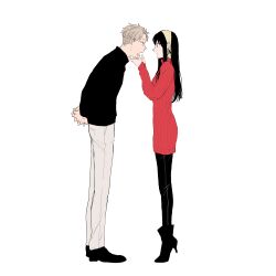  1boy 1girl absurdres arms_behind_back black_boots black_hair black_shoes black_sweater boots commentary_request dress eye_contact face-to-face facing_another from_side full_body grey_hair hairband hand_on_another's_chin heel_up hetero high_heel_boots high_heels highres interlocked_fingers long_sleeves looking_at_another open_mouth own_hands_together pants pantyhose profile red_dress ribbed_dress shoes simple_background spy_x_family sweater sweater_dress tarutaruso3 twilight_(spy_x_family) white_background white_pants yor_briar 