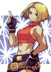  1girl abs armpit_peek bare_shoulders belt blonde_hair blue_eyes blue_mary breasts crop_top e-kaki fatal_fury finger_gun fingerless_gloves from_side gloves highres light_particles looking_at_viewer loose_belt midriff muscular muscular_female short_hair simple_background sleeveless sleeveless_turtleneck smile snk solo the_king_of_fighters tight_top turtleneck upper_body white_background 