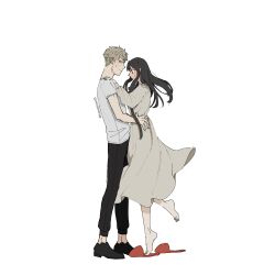  1boy 1girl barefoot black_hair black_pants black_shoes blonde_hair commentary_request couple dress full_body grey_dress hand_on_another's_shoulder hand_on_another's_waist hetero highres light_blush loafers long_dress long_hair long_sleeves pants shirt shoes short_hair short_sleeves sidelocks slippers spy_x_family sweatdrop t-shirt tarutaruso3 twilight_(spy_x_family) twitter_username white_background white_shirt yor_briar 