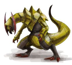  absurdres black_sclera claws colored_sclera commentary dragon full_body haxorus highres ntwmu1pzsz2307 open_mouth pokemon pokemon_(creature) pokemon_focus red_eyes solo standing tail tusks white_background 