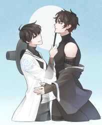  2boys alternate_costume black_hair black_robe black_shirt commentary cowboy_shot dreaming_nozomu from_side grin hand_on_another's_hip kim_dokja looking_at_another male_focus multiple_boys omniscient_reader's_viewpoint robe robe_partially_removed shirt short_hair sleeveless sleeveless_shirt sleeves_past_wrists smile turtleneck white_robe yoo_joonghyuk 