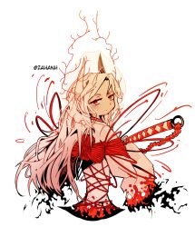 1girl blood blood_on_clothes burning_clothes e.g.o_(project_moon) eyelashes gijinka great_trichiliocosm_(e.g.o) holding_sword holding_weapon hollow_knight:_silksong hornet_(hollow_knight) horns humanization japanese_clothes katana kimono kimono_dress long_sleeves looking_at_viewer obi project_moon red_eyes red_thread solo sword veil very_long_hair wataboshi wedding_dress white_background white_hair white_kimono zahanh