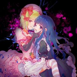 2girls apron beret black_background black_dress black_gloves blonde_hair blue_hair blue_liquid blunt_bangs bow cat_tail commentary_request crazy_smile dark dress drooling elbow_gloves frederica_bernkastel frilled_dress frilled_sleeves frills gem gloves hand_on_another's_face hand_on_another's_tail hand_on_own_chin hat highres hime_cut hug jack-o'-lantern lambdadelta licking_lips liquid lolita_fashion long_hair multiple_girls open_mouth oreo86011490 paint_splatter pearl pink_dress pink_hat puffy_short_sleeves puffy_sleeves pumpkin red_bow red_eyes ribbon short_hair short_sleeves simple_background smile socks splatter striped_clothes striped_socks striped_thighhighs sweatdrop tail tail_bow tail_ornament thigh-highs tongue tongue_out umineko_no_naku_koro_ni violet_eyes white_apron yandere 