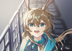  1girl :d amiya_(arknights) animal_ears arknights ascot black_ascot blue_collar blue_eyes blue_jacket brown_hair collar commentary_request gem hair_between_eyes highres jacket long_hair looking_at_viewer open_mouth portrait round_teeth signature smile solo teeth upper_teeth_only wind yanagimachi 