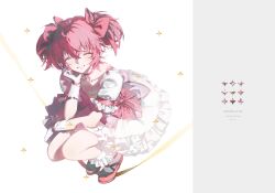 1girl ankle_socks bow closed_eyes commentary dress english_text facing_viewer frilled_socks frills hair_bow hand_on_own_cheek hand_on_own_face highres kaname_madoka kaname_madoka_(magical_girl) legs_folded legs_together magical_girl mahou_shoujo_madoka_magica mahou_shoujo_madoka_magica_(anime) mary_janes multiple_hair_bows navvvtis open_mouth pink_dress red_bow red_hair red_shoes shoes short_hair simple_background smile socks solo squatting star_(symbol) teeth translated twintails two-tone_dress untranslatable_commentary white_background white_dress white_socks 