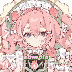  apron chinese_commentary commentary_request flower frills hair_between_eyes hair_ornament hat highres jiaojiaoguan long_hair looking_at_viewer maid_headdress open_mouth original tulip twintails upper_body violet_eyes 