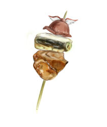  character-themed_food character_hat food k_l lowres mystia_lorelei no_humans simple_background skewer text_focus touhou white_background yakitori 