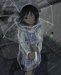  1girl absurdres amamoto_air black_eyes blush building commentary_request dot_nose dress highres holding holding_umbrella house long_sleeves manhole_cover one_eye_closed original outdoors overcast pinafore_dress plaid_clothes plaid_dress rain raincoat see-through_clothes see-through_raincoat shirt sky sleeveless sleeveless_dress solo transparent transparent_umbrella umbrella walking water wet white_shirt wind 