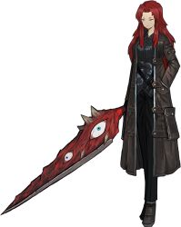  1girl artist_request black_coat black_pants black_shoes closed_mouth coat e.g.o_(project_moon) eyeball full_body game_asset hand_in_pocket holding holding_weapon kali_(project_moon) library_of_ruina living_weapon long_hair mimicry_(e.g.o) open_clothes open_coat organic_weapon pants project_moon red_hair shoes solo standing sword weapon yellow_eyes 