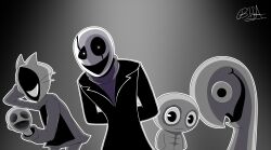  1boy 3others absurdres artist_name basedtrovertartist black_coat black_eyes body_markings coat colored_skin commentary cracked_face english_commentary faceless fang gaster_follower_1 gaster_follower_2 gaster_follower_3 glowing glowing_eyes grey_skin greyscale hand_on_own_face highres hood hood_up monochrome multiple_heads multiple_others signature skull_head smile turtleneck undertale utdr_(toby_fox) w.d._gaster whiskers white_eyes wide-eyed 