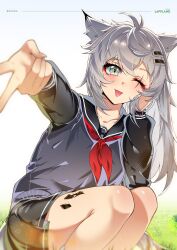  1girl :p ;p absurdres akai_y0ru alternate_costume animal_ears arknights black_sailor_collar black_serafuku black_shirt black_skirt black_sweater_vest character_name chromatic_aberration closed_mouth collarbone commentary grey_eyes grey_hair gyaru_v hair_ornament hairclip highres lappland_(arknights) light_particles long_hair long_sleeves material_growth multiple_hairclips neckerchief one_eye_closed oripathy_lesion_(arknights) outstretched_arm parallel_hairclips pleated_skirt red_neckerchief sailor_collar scar scar_across_eye scar_on_face school_uniform serafuku shirt skirt smile solo sweater_vest tongue tongue_out v wolf_ears wolf_girl 