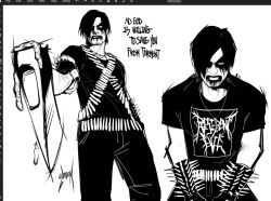  1boy ammunition_belt art_program_in_frame axe bracelet clenched_teeth copyright_name english_text greyscale highres holding holding_axe jewelry leon_s._kennedy makeup male_focus monochrome multiple_views print_shirt punk resident_evil resident_evil_4 shirt short_hair spiked_bracelet spikes t-shirt teeth toned toned_male worm zombiyh 