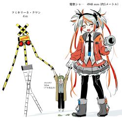 1girl 2others ahoge avogado6 calogado commentary denka_shaa fumikirine_kwan happy holding_hands japanese_text multicolored_hair multiple_others piano_print simple_background skirt tall_female translated utau walking white_background