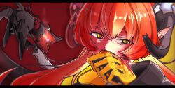  1girl 1other absurdres black_horns blood blood_on_clothes blood_on_face blood_on_hand commentary_request curled_horns dragon_girl dragon_horns gloves green_eyes hair_between_eyes hand_on_own_face highres horns long_hair magus_(zenless_zone_zero) mechanical_horns mechanical_tail niniru56 orange_hair orange_pupils orphie_magnusson pointy_ears portrait red_background simple_background tail twintails yellow_gloves zenless_zone_zero 