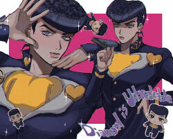  1boy anchor_symbol bag bling blue_hair buttons chibi closed_mouth copyright_name diamond_wa_kudakenai earrings english_text eyelashes gakuran hand_on_own_hip heart higashikata_josuke higashikata_josuke's_pose holding holding_bag jewelry jojo_no_kimyou_na_bouken jojo_pose long_sleeves looking_at_viewer looking_to_the_side male_focus multiple_views odoruzatta pompadour school_uniform shirt solo sparkle stud_earrings yellow_shirt 