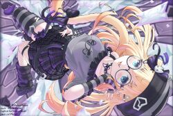  1girl absurdres beanie black_hat black_leg_warmers black_shoes black_skirt blonde_hair blue_eyes bow breasts cat_girl cat_tail choker commentary english_commentary fingerless_gloves fishnets glasses gloves grey_shirt hair_between_eyes hat highres indie_virtual_youtuber leg_warmers long_hair looking_at_viewer maisatraisat minikomew open_mouth round_eyewear shirt shoes single_thighhigh skirt small_breasts solo spiked_choker spikes striped_clothes striped_thighhighs tail tail_bow tail_ornament thigh-highs tongue tongue_out virtual_youtuber 