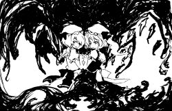  2girls abstract_background bow commentary_request flandre_scarlet greyscale hand_up hat highres holding_hands ichitou looking_at_viewer looking_to_the_side monochrome multiple_girls puffy_short_sleeves puffy_sleeves shirt short_sleeves siblings sisters skirt smile touhou waist_bow 