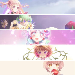  5girls apple blonde_hair blush brown_hair commentary_request dress flower food frilled_dress frills fruit fukuroi_marika green_hair hair_flower hair_ornament holding holding_food holding_fruit magical_daisy magical_girl mahou_shoujo_ikusei_keikaku mahou_shoujo_ikusei_keikaku_jokers mahou_shoujo_ikusei_keikaku_limited mahou_shoujo_ikusei_keikaku_restart multicolored_hair multiple_girls open_mouth pink_flower pink_hair plant prism_cherry rain_pow short_hair smile snow_white_(mahoiku) sparkle star-shaped_pupils star_(symbol) symbol-shaped_pupils vines violet_eyes white_flower white_hair yunare 