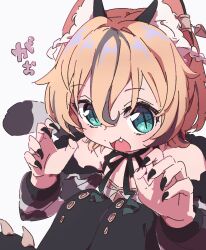  1girl animal_ears black_nails black_thighhighs blonde_hair blue_eyes boro_(tn-boro) clarissa_toothedge commentary_request fang fingernails grey_hair highres magical_girl mahou_shoujo_ikusei_keikaku mahou_shoujo_ikusei_keikaku_breakdown multicolored_hair open_mouth sharp_fingernails short_hair tail thigh-highs white_background 
