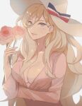  blonde_hair blue_eyes breasts dress flower french_flag hair_between_eyes hat hat_ribbon highres holding holding_flower kantai_collection kasumi_(skchkko) large_breasts long_hair long_sleeves mole mole_under_eye mole_under_mouth open_clothes open_dress ribbon richelieu_(kancolle) smile sun_hat upper_body 