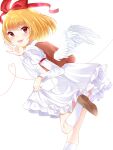  angel_wings blonde_hair blush bow brown_footwear brown_vest commentary_request dress feathered_wings frilled_dress frills gengetsu_(touhou) hair_bow hair_ribbon happy highres juliet_sleeves kneehighs long_sleeves looking_at_viewer looking_back milll_77 open_mouth puffy_sleeves red_bow ribbon shoe_soles short_hair socks touhou touhou_(pc-98) vest white_dress white_socks white_wings wings yellow_eyes 
