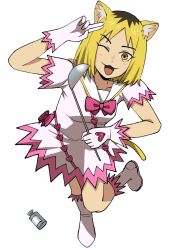  1girl 5banbanban :3 ;3 animal_ear_fluff animal_ears black_streaks blonde_hair boots bow bowtie cat_ears cat_girl cat_tail collarbone commentary cosplay dress etsushimaru_yakuko full_body heart highres holding holding_ladle ladle magical_girl multicolored_hair one_eye_closed open_mouth pink_bow pink_bowtie sailor_collar salute short_sleeves slit_pupils smile solo streaked_hair tail two-finger_salute two-tone_hair white_boots white_dress white_sailor_collar yani_neko yellow_eyes 