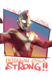  1boy abs alien arm_out_of_frame border character_name clenched_hand color_timer colored_skin colorful_background commentary compound_eyes cropped_torso crystal dorsal_fin english_text forehead_jewel giant giant_male glowing glowing_eyes hands_up highres ks_(minusks) large_pectorals looking_ahead male_focus multicolored_skin muscular muscular_male no_pupils pectorals red_skin silver_skin solo tokusatsu two-tone_skin ultra_series ultraman_dyna ultraman_dyna_(series) ultraman_dyna_(strong_type) white_border white_eyes wrinkled_skin 