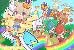  2boys 6+others @_@ alternate_costume animal_ears armband balthasar_(puyopuyo) beamed_eighth_notes belt belt_buckle blue_belt blue_coat blue_pants bow bowtie brown_pants brown_shoes buck_teeth buckle bug bugle butterfly chris_(puyopuyo) chulap coat coattails commentary_request conductor_baton drum eighth_note fedora floating furry gloves green_bow green_bowtie green_eyes grey_eyes hat holding holding_baton holding_instrument holding_saxophone instrument leg_up long_sleeves looking_at_viewer mini_hat mini_top_hat miniskirt multiple_boys multiple_others musical_note octopus official_alternate_costume official_style open_mouth orange_armband orange_bow orange_eyes orange_hair orange_hat orange_shoes orange_sleeves outline pants pimyuhuwa playing_instrument pointy_ears polka_dot_footwear polka_dot_sleeves puyopuyo puyopuyo_quest quarter_note rabbit_ears rainbow saxophone shio_(musician)_(puyopuyo) shio_(puyopuyo) shoes shooting_star_hat_ornament skirt sleeve_cuffs sleeves_past_fingers sleeves_past_wrists smile sparkle standing star-shaped_pupils star_(symbol) symbol-shaped_pupils tailcoat teeth tilted_headwear top_hat twitter_username walking white_coat white_gloves white_hat white_outline white_pants yellow_coat yellow_shoes yellow_skirt 