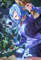  1boy 2girls alternate_costume animal_ears blue_hair blue_jacket blue_skirt braid bush chestnut_(zenless_zone_zero) clouds commentary_request cowboy_shot crossed_bangs earrings ethereal_(zenless_zone_zero) forest goat_ears goat_girl goat_horns goat_tail hair_between_eyes harukimatsui_25 hiding highres hollow_(zenless_zone_zero) horns jacket jewelry long_hair looking_back lucia_elowen multiple_girls nature necktie night open_clothes open_mouth outdoors pointy_ears purple_sweater_vest red_necktie skirt sweater_vest tail tree twin_braids wandering_hunter_(zenless_zone_zero) yellow_eyes zenless_zone_zero 