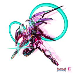  00_gundam 00_raiser absurdres afterimage aqua_eyes artist_logo commentary copyright_logo energy_ring gn_drive gn_particles gn_sword gundam gundam_00 gundam_exa_vs highres holding holding_sword holding_weapon klonartdotcom logo mecha mecha_focus mobile_suit no_humans robot science_fiction solo sparkle sword trans-am twitter_username v-fin weapon white_background 