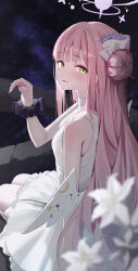  1girl absurdres black_scrunchie blue_archive blurry blurry_foreground blush commentary_request crescent dress flower hair_bun halo happy_tears hidulume highres lily_(flower) looking_at_viewer low_wings mika_(blue_archive) night parted_lips pink_hair scrunchie single_side_bun sky smile solo star_(sky) starry_sky tears white_dress white_flower white_wings wing_ornament wings wrist_scrunchie 