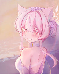  1girl akira_(blue_archive) animal_ear_fluff animal_ears backless_dress backless_outfit bare_back bare_shoulders blue_archive blush cat_ears cat_girl commentary_request detached_sleeves dress flower from_behind grin hair_flower hair_intakes hair_ornament halo highres kamihito_akira looking_at_viewer partial_commentary pink_eyes pink_hair pink_halo smile solo wedding_dress white_dress white_flower 