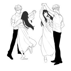  1boy 1girl ^_^ closed_eyes closed_mouth dancing dress full_body greyscale happy highres long_dress long_sleeves monochrome multiple_views nightgown pants shirt shoes short_hair simple_background slippers smile spy_x_family t-shirt tarutaruso3 twilight_(spy_x_family) white_background yor_briar 