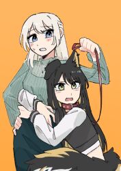  2girls animal_ear_piercing animal_ears baiyupiao bang_dream! bang_dream!_our_notes black_hair black_jacket blonde_hair blue_eyes colored_inner_hair dog_ears dog_girl dog_tail fangs highres holding holding_leash hug jacket jewelry kemonomimi_mode leash long_hair long_sleeves mahashi_miku multicolored_hair multiple_girls necklace open_mouth orange_hair simple_background suga_raika tail teeth upper_teeth_only white_hair yellow_eyes yuri 