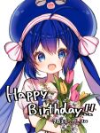  1girl ahoge blue_eyes blue_hair blue_headwear bouquet commentary dated eel_hat fang flower happy_birthday highres holding holding_bouquet kajiki_ngtk9 large_hat long_hair looking_at_viewer open_mouth otomachi_una pink_flower sailor_collar shirt short_sleeves skin_fang smile solo tulip twintails upper_body vocaloid white_background white_flower white_sailor_collar white_shirt yellow_flower 