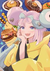  1girl bacon blue_hair blush bow-shaped_hair burger character_hair_ornament commentary_request curry curry_rice dango egg fang food hair_ornament hand_on_own_chin iono_(pokemon) jacket long_hair long_sleeves mizuiro123 multicolored_hair open_mouth pink_hair pokemon pokemon_scarlet_and_violet rice smile solo two-tone_hair upper_body wagashi yellow_jacket 