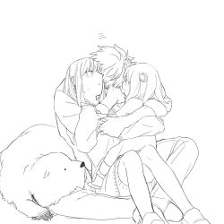  1boy 2girls :o absurdres ahoge anya_(spy_x_family) blush bond_(spy_x_family) closed_mouth commentary_request dog dress full_body greyscale group_hug hairband hairpods highres hug hug_from_behind long_sleeves monochrome motion_lines multiple_girls open_mouth pants parted_lips profile shoes short_hair simple_background sitting sitting_on_lap sitting_on_person socks spy_x_family sweatdrop sweater sweater_dress tarutaruso3 twilight_(spy_x_family) white_background yor_briar 