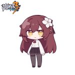  1girl bangs black_footwear black_skirt blush_stickers breasts brown_hair chibi closed_mouth collared_shirt copyright_name eden_(honkai_impact) eta flower full_body hair_between_eyes hair_flower hair_ornament honkai_(series) honkai_impact_3rd long_hair long_sleeves looking_at_viewer pantyhose pleated_skirt shirt shoes simple_background skirt sleeves_past_wrists small_breasts smile solo standing very_long_hair white_background white_flower white_shirt yellow_eyes 