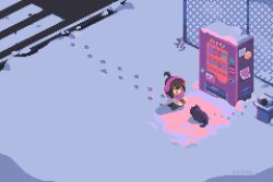  1girl ahoge artist_name black_cat brown_hair cat chain-link_fence chibi commentary earmuffs english_commentary fence footprints from_above highres isometric jacket original pixel_art pixelmima purple_scarf scarf snow stairs trash_can vending_machine winter 