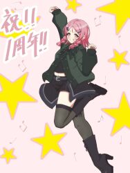  1girl arm_up beamed_eighth_notes belt black_belt black_boots black_shirt black_skirt black_thighhighs blush boots braid clenched_teeth commentary_request eighth_note gl1eap green_jacket hair_ornament hairclip idol_clothes jacket karabayashi_itoha midriff mole mole_under_eye musical_note navel pink_eyes pink_hair quarter_note shine_post shirt side_braids skirt solo standing standing_on_one_leg star_(symbol) teeth thigh-highs translation_request 