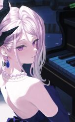  1girl absurdres ahoge back black_horns blue_archive commentary_request dangle_earrings demon_horns dress earrings elbow_gloves evening_gown floating_earrings from_behind gloves hair_up highres hina_(blue_archive) hina_(dress)_(blue_archive) horns instrument jewelry long_hair looking_at_viewer looking_back multiple_horns necklace official_alternate_costume official_alternate_hairstyle parted_bangs pearl_necklace piano piano_keys purple_dress purple_gloves solo strapless strapless_dress upper_body violet_eyes white_hair yi_dui_po_shi_de_mou_ren 