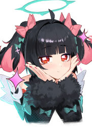  1girl absurdres bare_shoulders black_hair blush bow closed_mouth colored_inner_hair commentary_request fur-trimmed_sleeves fur_trim gomashiwo_o green_bow hair_bow hair_ornament halo hands_on_own_cheeks hands_on_own_face highres looking_at_viewer multicolored_hair nangong_yu pink_hair portrait red_eyes red_nails simple_background twintails white_background zenless_zone_zero 