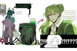  1boy 1other anger_vein armband arrow_(symbol) black_shoes brown_eyes commentary e.g.o_(project_moon) employee_(project_moon) english_commentary english_text enkephalin_(project_moon) faint_aroma_(e.g.o) green_armband green_hair hair_bun highres in_the_name_of_love_and_hate_(e.g.o) librarian_(project_moon) library_of_ruina lobotomy_corporation netzach_(project_moon) non-humanoid_robot nugget_(project_moon) project_moon ratbuchet robot shoes speech_bubble thought_bubble 