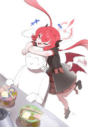  +++ 1boy 1girl absurdres black_shirt black_shoes blue_archive chinese_commentary chopsticks closed_eyes commentary_request doodle_sensei_(blue_archive) from_above halo happy head_hug highres instant_cup_noodles instant_noodles jinrou_mangfu junko_(blue_archive) long_hair low_twintails open_mouth plaid_clothes plaid_skirt red_hair red_halo red_skirt red_wings sensei_(blue_archive) shirt shoes simple_background skirt twintails white_background wings 