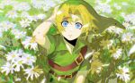  1boy bangs belt blonde_hair blue_eyes daisy dele14375735 falling_petals field flower flower_field green_headwear green_tunic hand_on_own_head hat highres link looking_at_viewer outdoors parted_bangs petals pointy_ears short_hair short_sleeves shoulder_belt the_legend_of_zelda the_legend_of_zelda:_ocarina_of_time upper_body white_flower wide-eyed 