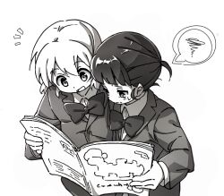  2girls black_hair blazer book boro_(tn-boro) bow bowtie commentary_request holding holding_book jacket kaori_ninotsugi mahou_shoujo_ikusei_keikaku mahou_shoujo_ikusei_keikaku_limited monochrome multiple_girls open_mouth reading_together school_uniform shirt short_hair sweat tatsuko_sakaki white_background white_shirt 