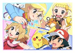  2boys 2girls :3 :q ;3 adjusting_eyewear alternate_hair_length_(shorter) anniversary aqua_eyes aqua_hairband ash_ketchum asutaro_maru bag bead_hairband black_gloves black_hair blonde_hair bonnie_(pokemon) border bow brother_and_sister brown_eyes brown_hair brown_shirt clemont_(pokemon) closed_mouth commentary_request dedenne earrings eyelashes fingerless_gloves glasses gloves hair_between_eyes hair_bow hair_ornament hairband hand_on_eyewear handbag highres holding holding_screwdriver jewelry long_sleeves multiple_boys multiple_girls official_alternate_costume official_alternate_hairstyle on_shoulder one_eye_closed open_mouth outline pikachu pink_bow pink_shirt poke_ball_symbol pokemon pokemon_(anime) pokemon_(creature) pokemon_on_shoulder pokemon_the_series:_xy red_bow red_skirt round_eyewear screwdriver serena_(pokemon) shirt short_hair siblings side_ponytail skirt sleeveless sleeveless_shirt smile tongue tongue_out white_border white_outline yellow_bag 