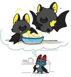  1girl 2boys absurdres animalization arknights arknights:_endfield bat_(animal) blue_eyes bowl butter camille_(arknights) chinese_commentary commentary_request cup endministrator_(arknights) female_endministrator_(arknights) food halo highres hua_ren_nan kettle male_endministrator_(arknights) mask multiple_boys speech_bubble thought_bubble 